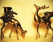 CHRISTMAS SPECIAL -- Set of 2 vintage brass reindeer candle holders with holiday ribbon