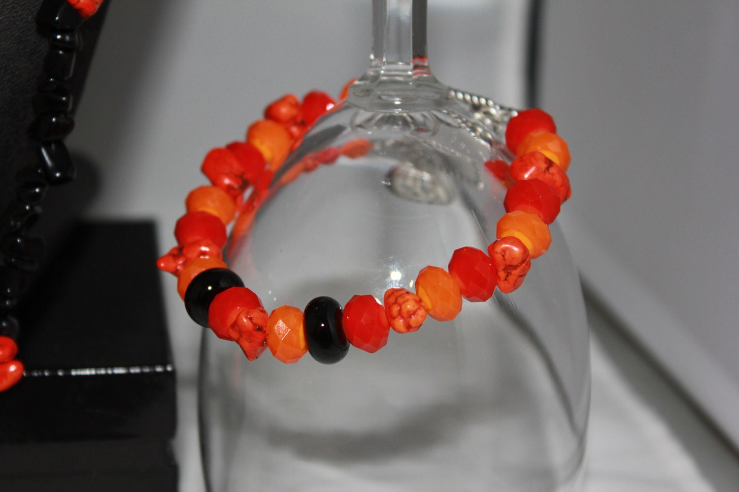 Halloween Bracelet with Orange and Red Crystal Beads and Jackolantern Charm