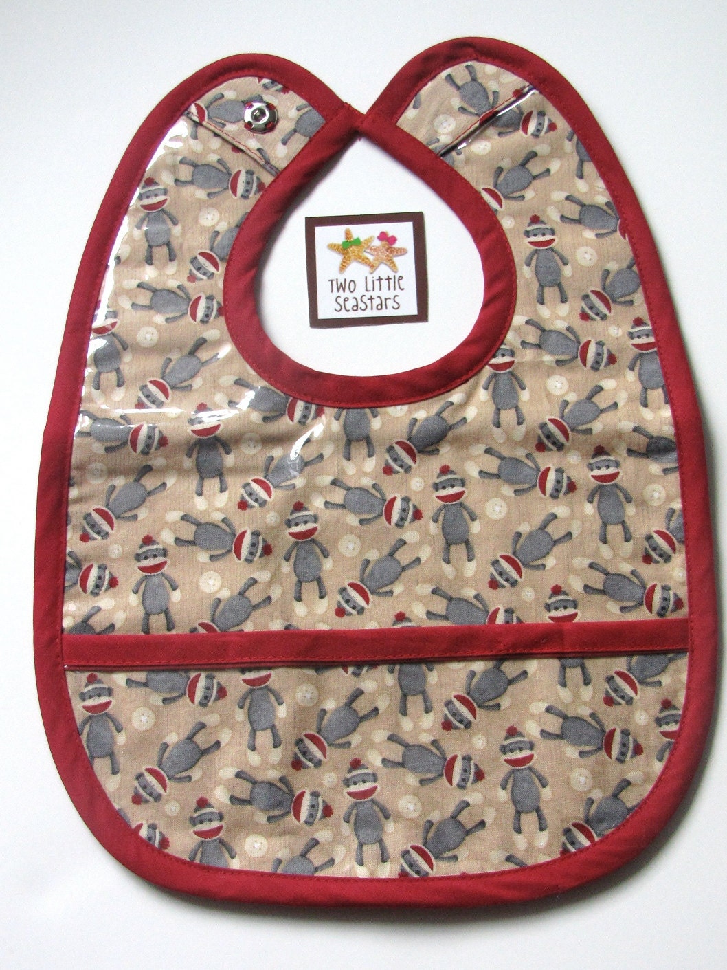 Sock Monkey Vinyl Baby Bib with Snap Closure