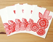 Five hand block printed cards and envelopes
