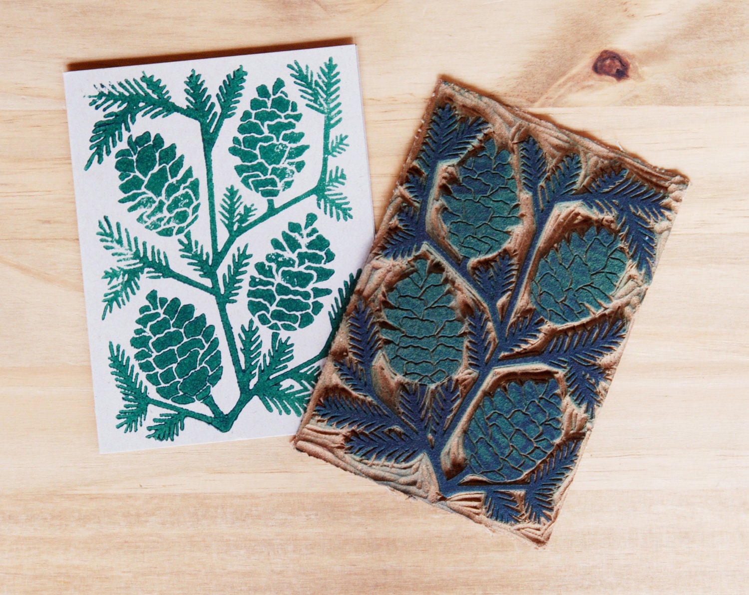 Five hand block printed Holiday cards and envelopes