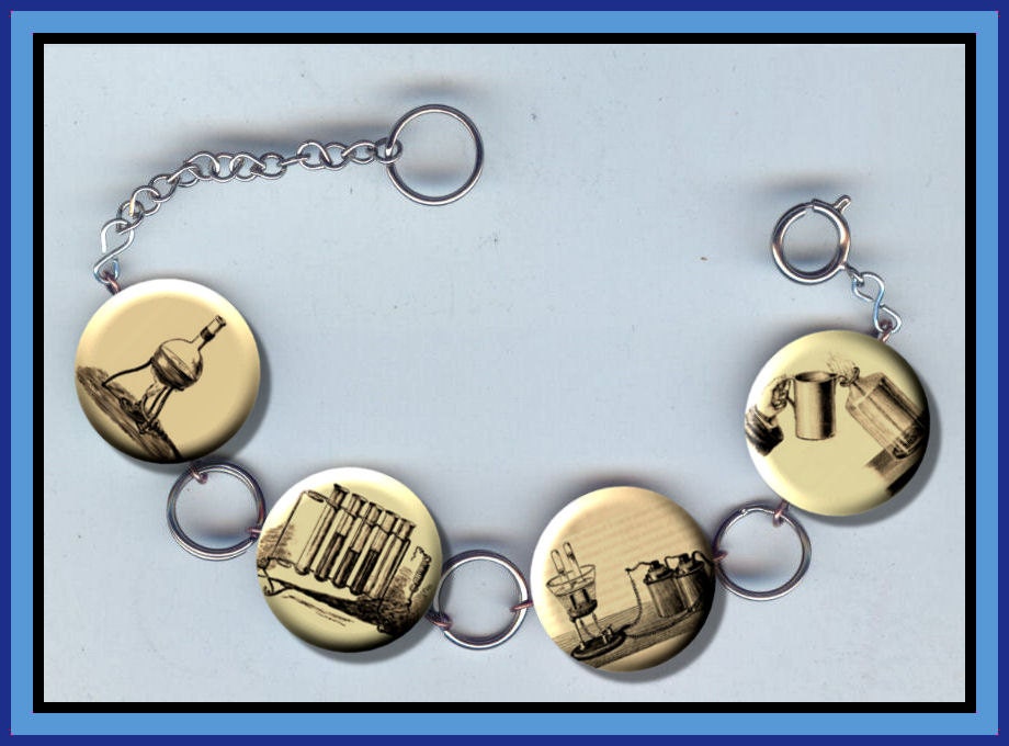 Chemistry Lab instruments sepia vintage images Charm Bracelet with Rhinestones Altered Art Jewelry