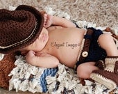Cowboy Cowgirl Photography set - Handmade Crochet Cowboy Hat, Blue Jeans and Boots - Newborn and 3 months