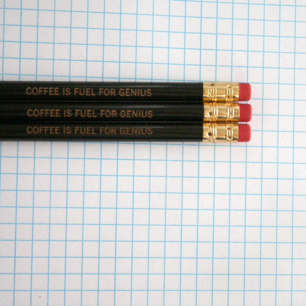 coffee is fuel for genius engraved pencil set 3 black pencils. coffee is liquid awesome.
