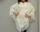 Free Shipping Knitting Shawl, Poncho, Ivory, Creme, Hand knitted, Bridal,Bride