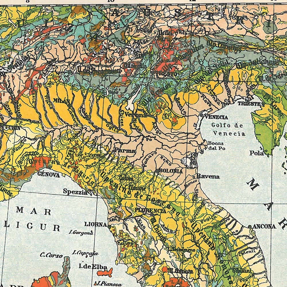 Geology Vintage Map Italy Colorful 1923 Home Decor to Frame