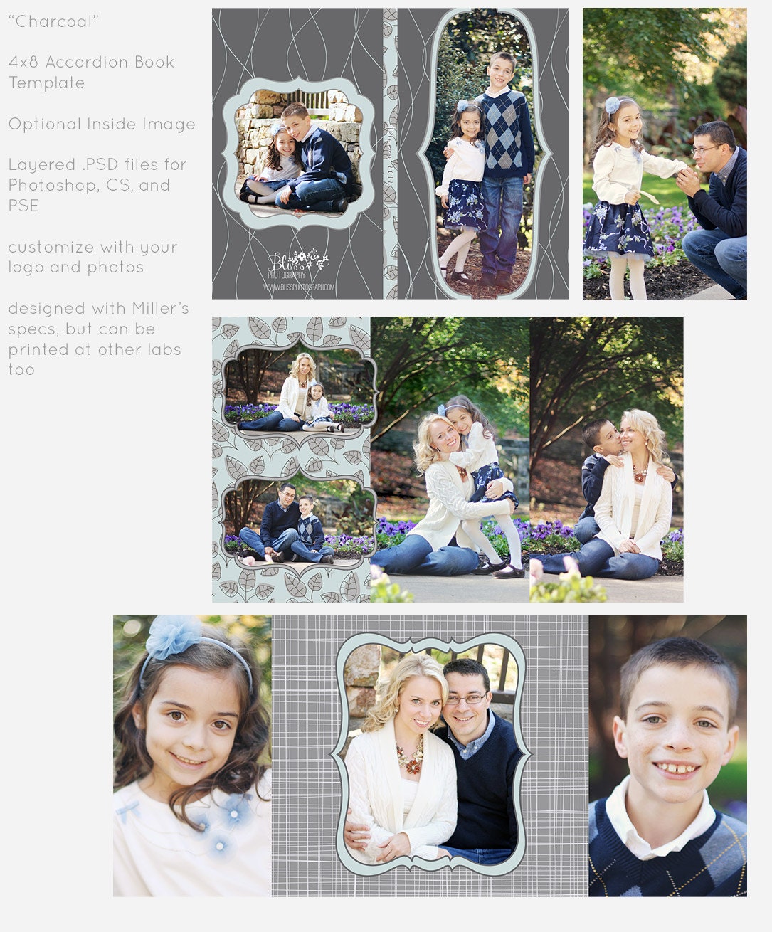 Charcoal - 4x8 Accordion Book PSD Photoshop Album Template WHCC Millers Gray Light Blue Aqua