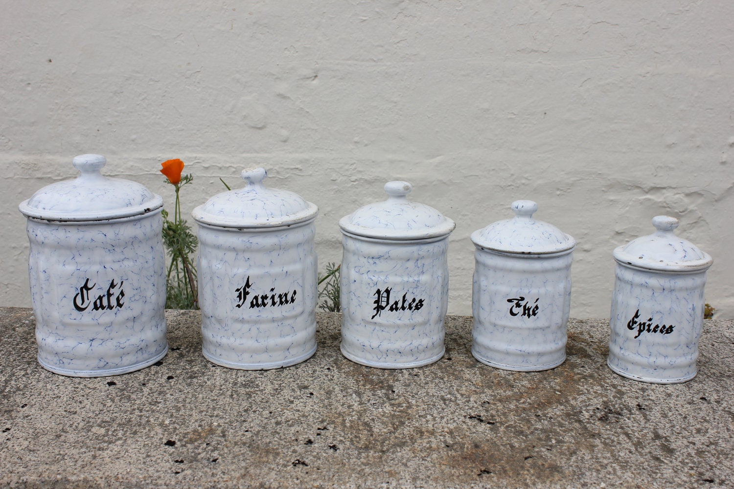 Vintage French Enamelware Canister Set Blue Chicken Wire/Som S/5