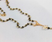 Pyrite rosary necklace gold filled pendant wire wrapped  Swarovski crystal minimalist modern vintage style