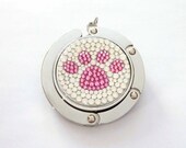 Paw foldable Bag hanger, purse hook, bag holder made with Swarovski flatback crystals - Pink x White