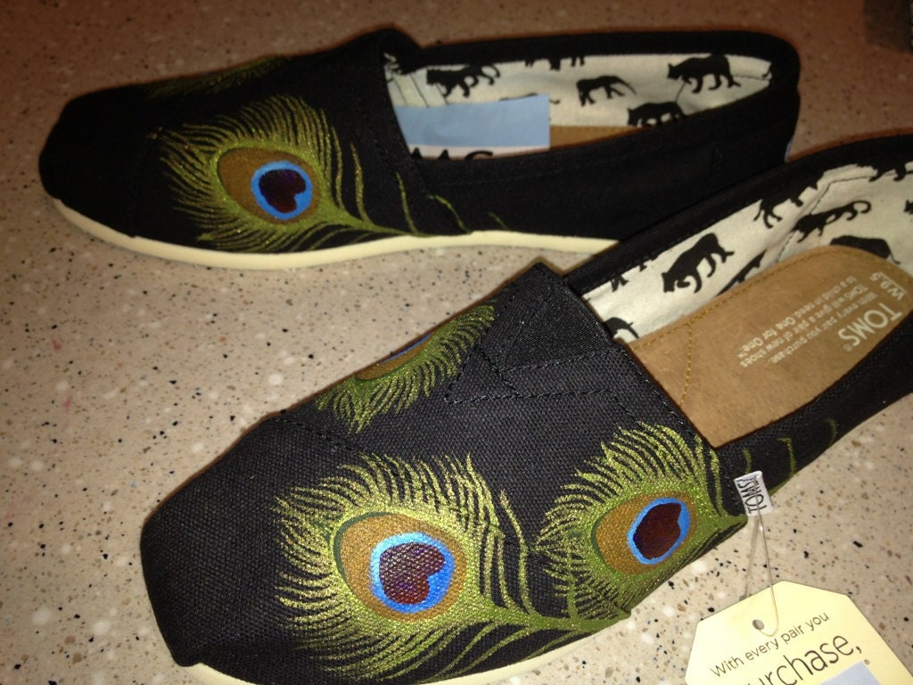 Custom TOMS- Peacock Feathers on Black- Shoes Included in Purchase