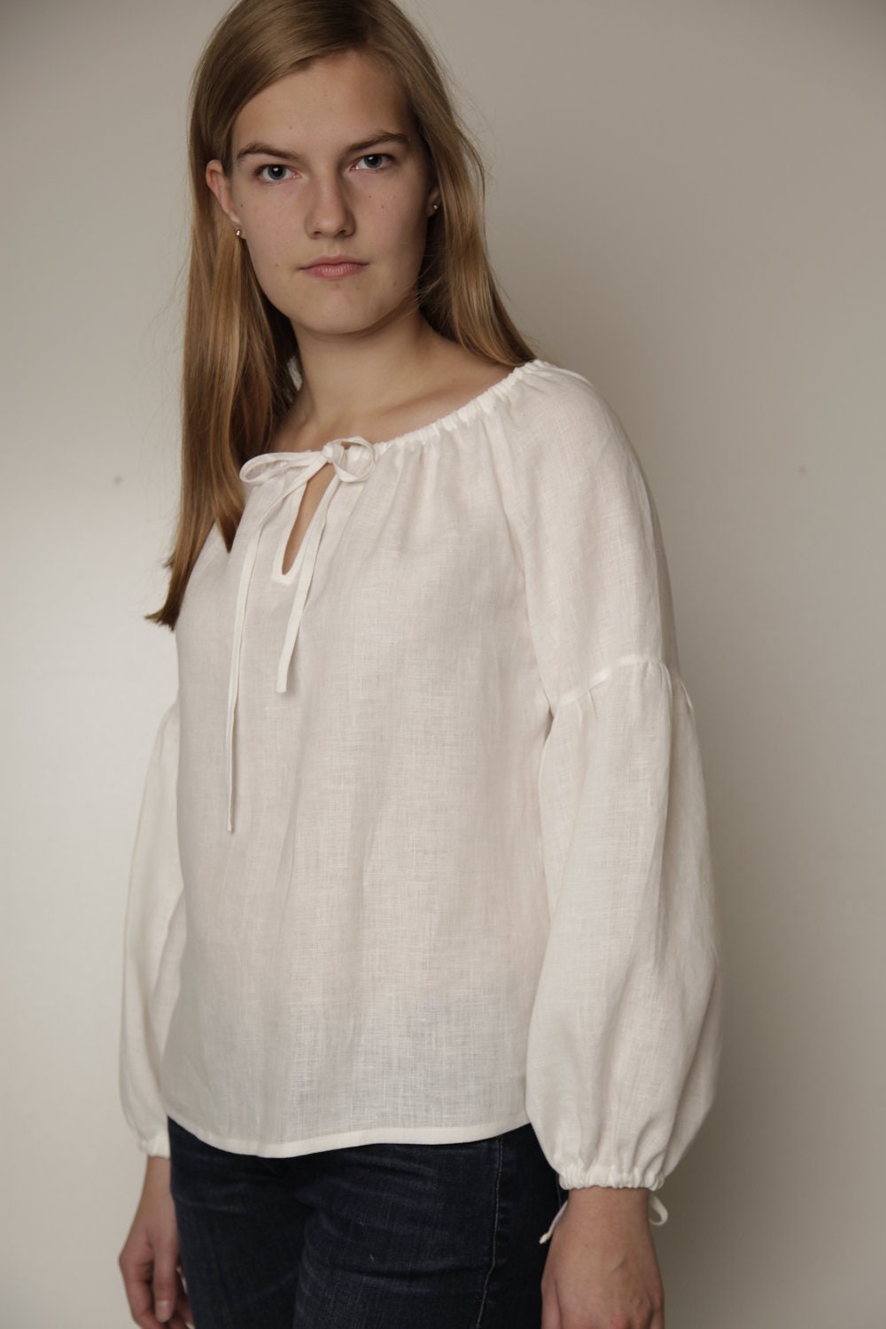 Pure Linen Long Sleeved Peasant Blouse for Woman
