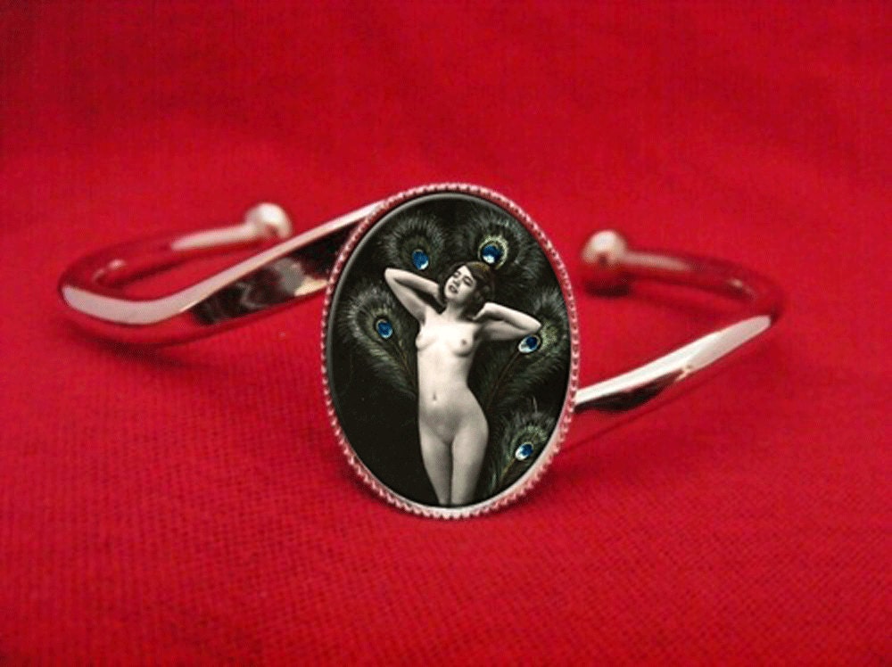 Peacock Woman Feathers Nude Art Deco Edwardian Sexy Trendy Silver Tone Cuff Bracelet