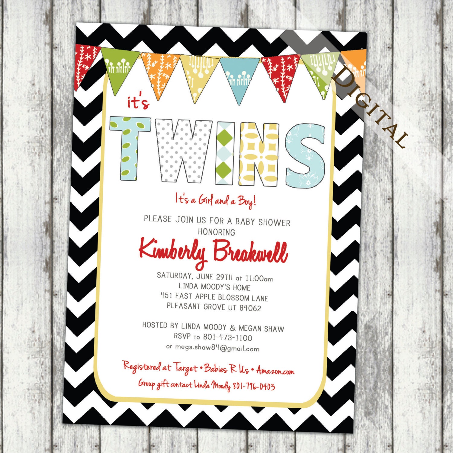 twins baby shower invitations for twin boy and girl, chevron, red green yellow with banner, gender neutral (item26b)