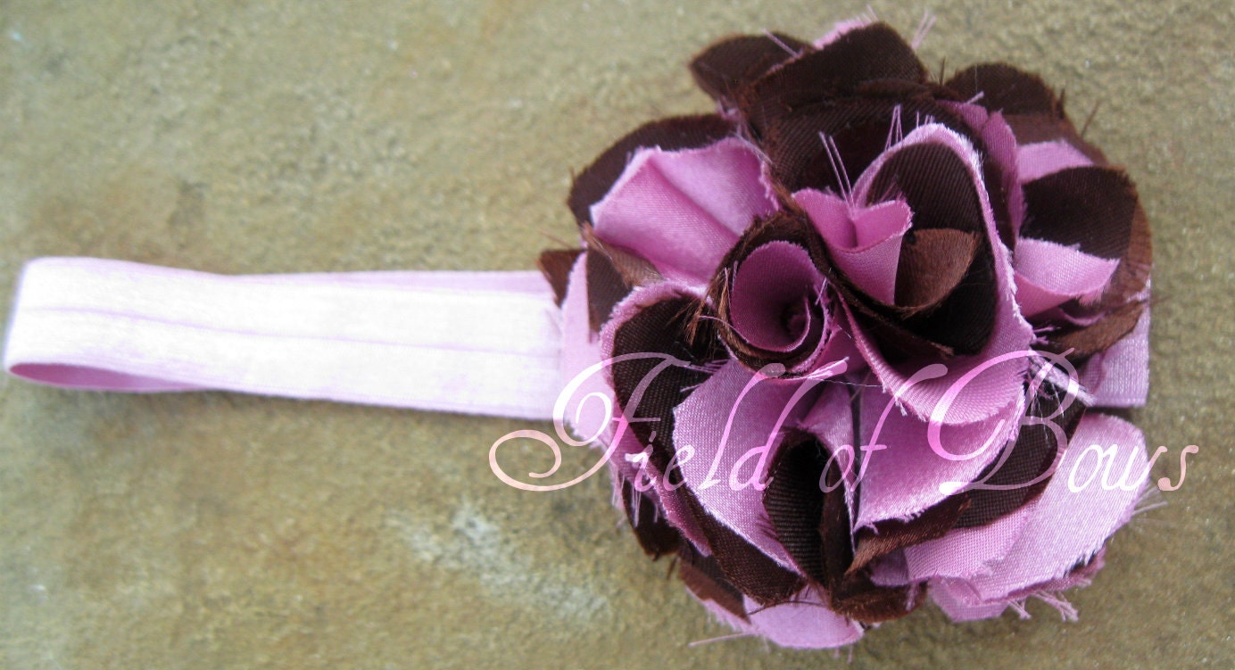 Shabby Chic Pink and Brown handmade satin rose headband for baby.  Dusty Rose, FOE