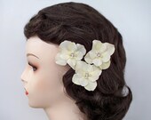 Bridal Hair pins of Creamy ivory hydrangea blossoms with ivory pearls and crystal rhinestone centers