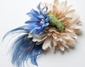 Ivory, Green, and periwinkle fascinator with real animal skull and peacock feathers