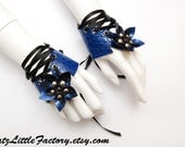 Cyber Flowers cobalt blue and black corset cuffs crocodile reptile leather bracelets with ribbons