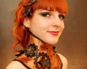 Steampunk inspired metallic copper leather neck corset with black gears brown and bronze Cyber Flowers bronze chains and studs