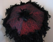 VICTORIAN PARASOL in Deep Red Taffeta Satin, Black Lace Overlay, Black Chandelle Feather Trim