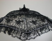 VICTORIAN PARASOL in Black Lace Embellished with Large Rhinestone Band and Black Appliques