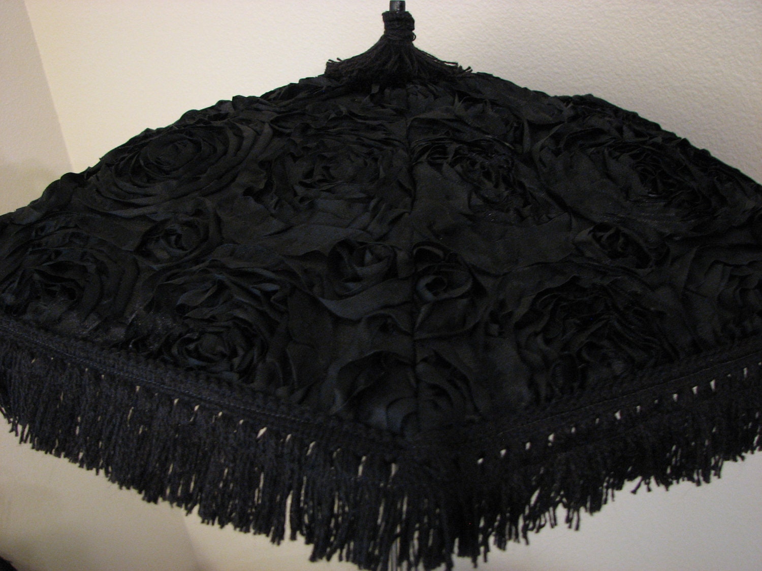 VICTORIAN PARASOL in Black Rosette Satin Embellished with Thick Black Vintage Fringe