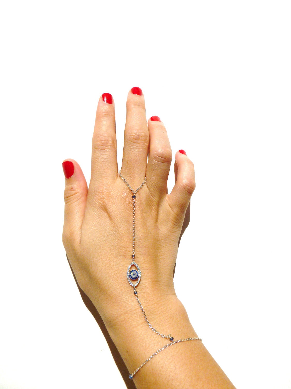 Evil Eye Bracelet Ring Sterling Silver with Cubic Zirconia Evil Eye Charm and AA Natural Color Blue Sapphires and Slave Bracelet