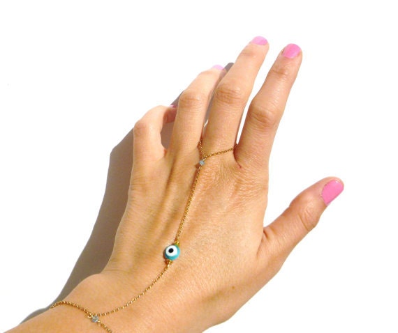 Evil Eye, Slave Bracelet, 14kt Gold Filled Chain, Swarovski Crystals, Bracelet Ring, Hand Chain, Evil Eye Jewelry, Summer Jewelry, Wedding