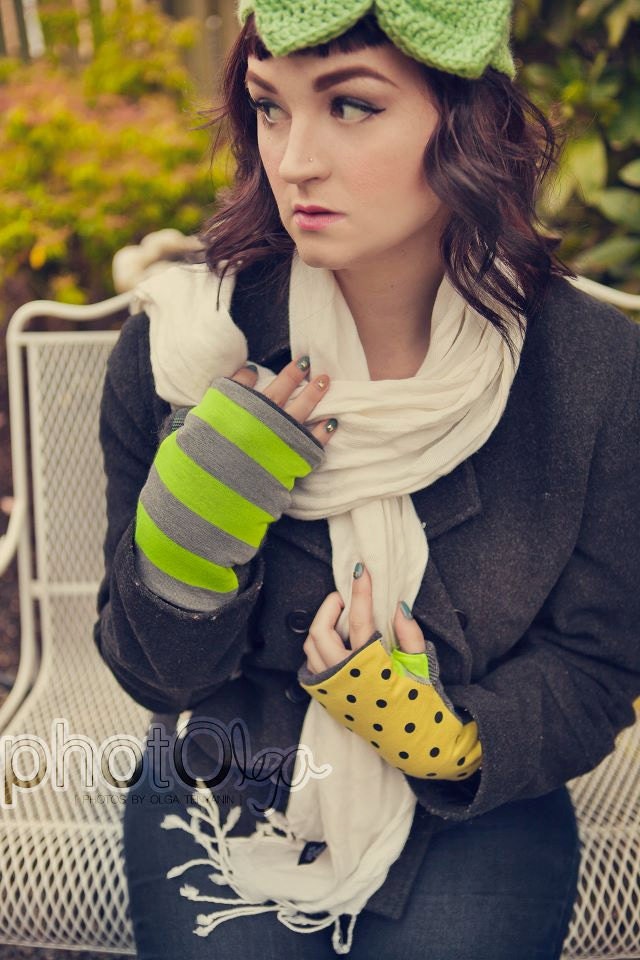 Fingerless Gloves in Chartreuse with black polka dots, neon yellow and gray - Recycled tweed- - Knit  - fleece lined