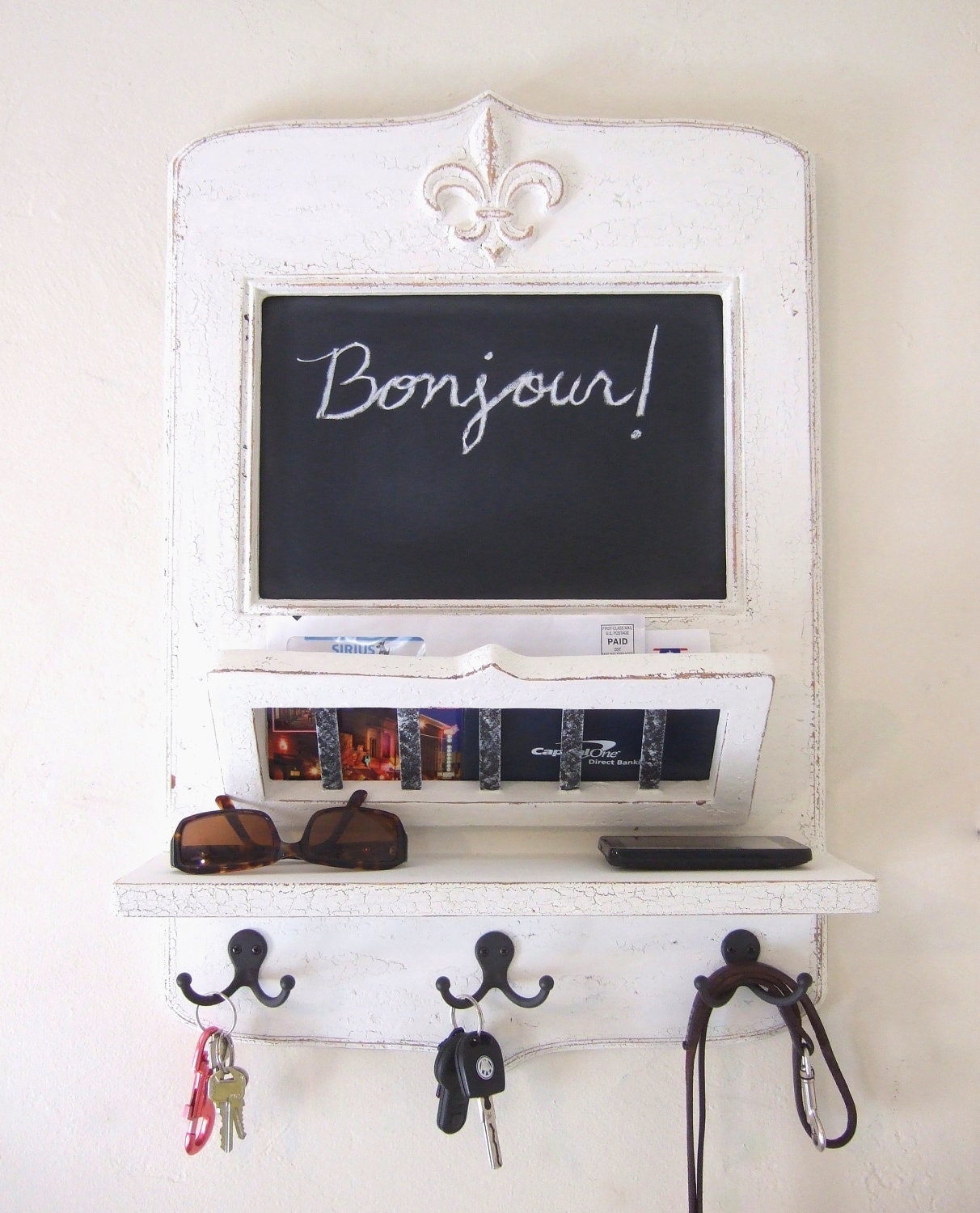 The Parisian Home Metro - Black Vintage Style Chalkboard, Mail Basket and Key Hooks