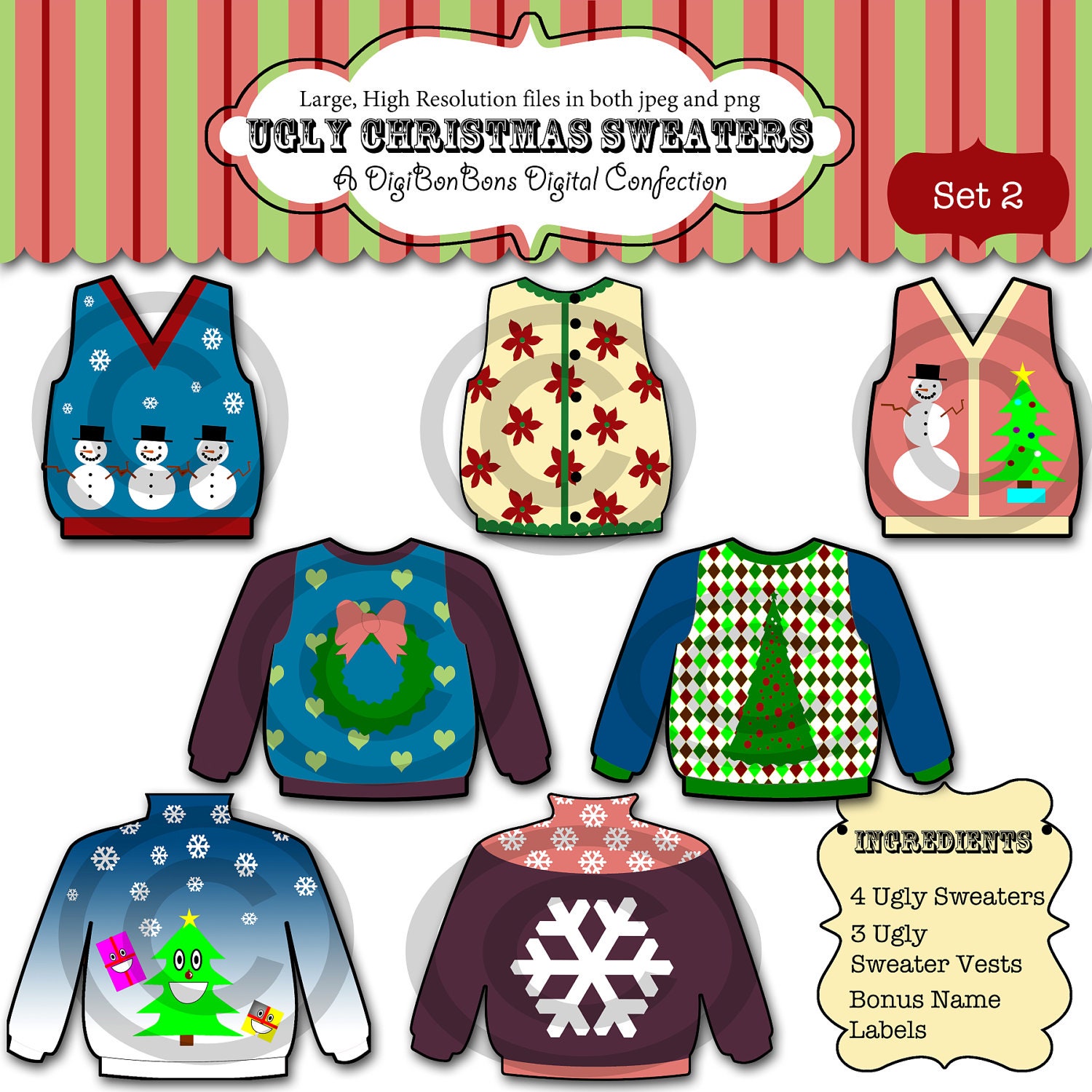 Ugly Christmas Sweater Clip Art clipart for Party or Contest. INSTANT DOWNLOAD digital designs of ugly holiday sweaters