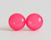 NEON PINK SHIMMER - Hot Pink Stud Earrings - Small Simple Studs - Jewelry from Polymer Clay