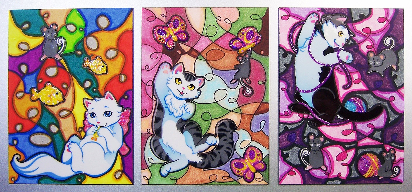 ACEO - Marker Kitties Art Card Set - Glitter Stickers & Original Abstract Kawaii Design Small Art