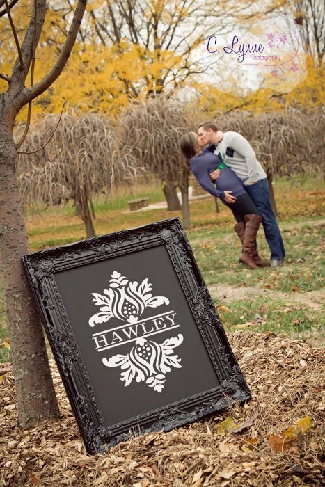 Vinyl Wall Decal - Damask With Family Name - Many Color Choices