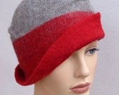 Assymetrical retro hat, red and gray felt cloche, 1920s inspired hat, art deco fashion, 20s accessory, winter hat