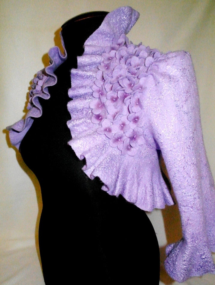 Wedding-Bridal Bolero, Shrug, little Jacket -Nuno felted,Darkorchid color and luster of pearls. Wool and silk. Shimmer pearls.LILAC.SYRINGA