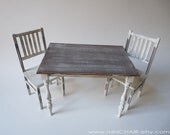 Miniature Doll Dining Table and 2 Chairs Set in 1/6 scale (Blythe, Barbie, 12'' Fashion dolls, Bratz, Momoko). Cottage Chic style
