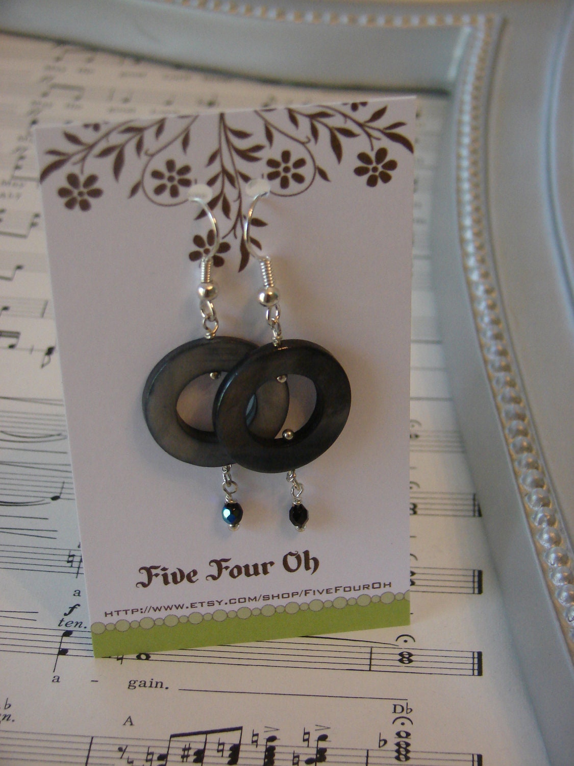 Black Blue Mother of Pearl Circle with Silver and Czech Beaded Accents Earrings