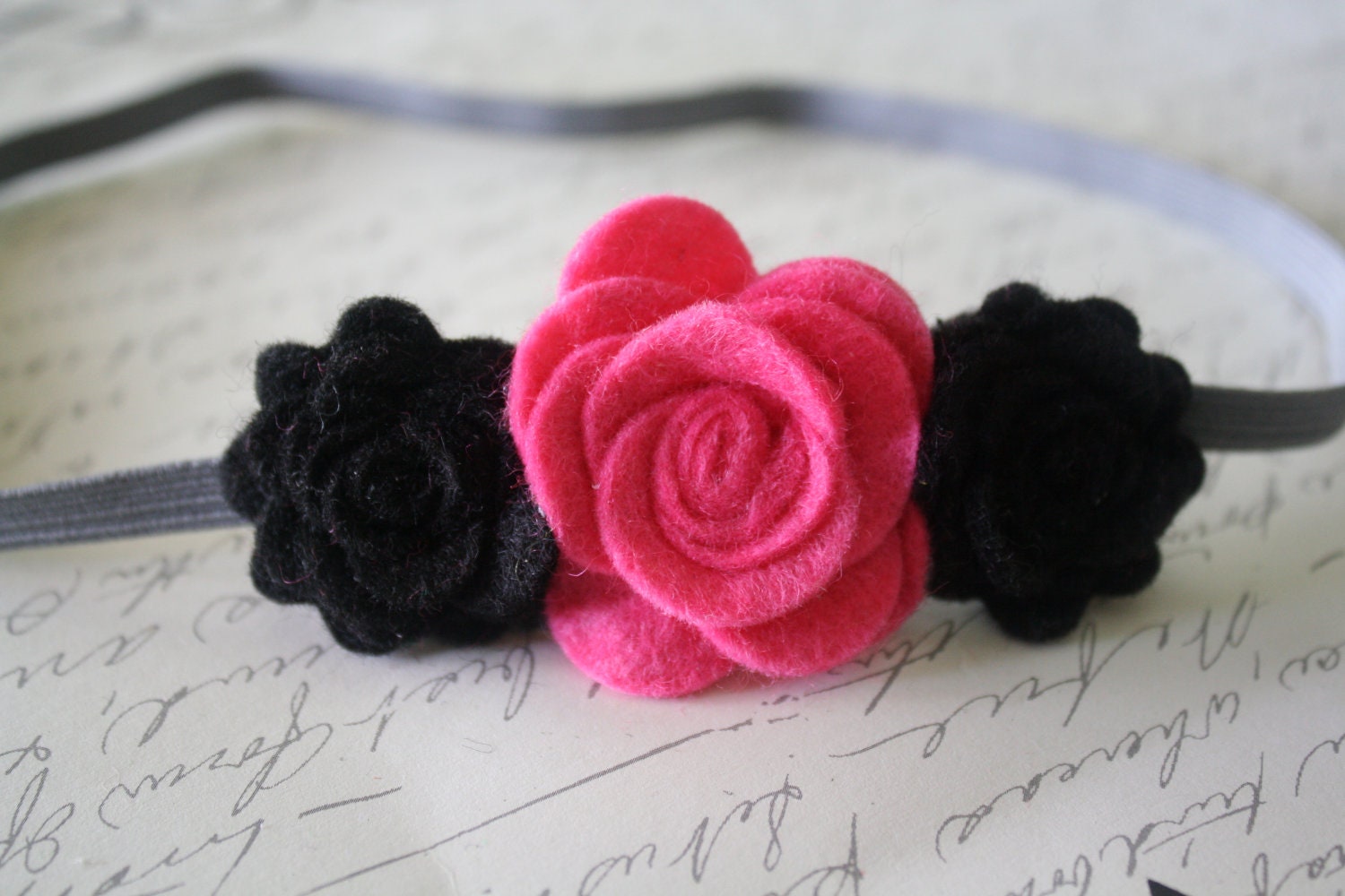Hot Pink and Black Baby Girls Headband - Felt Flower Hair Bands - Newborn through Adult