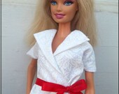 Holiday Barbie Clothes Christmas Outfit White Collared Blouse Red Ribbon Sash Festive Strip Skirt