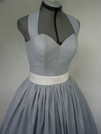 Knee Length 50s Inspired Halter Neck Cocktail Dress made from printed cotton