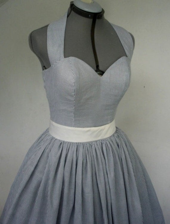 Knee Length 50s Inspired Halter Neck Cocktail Dress made from printed cotton