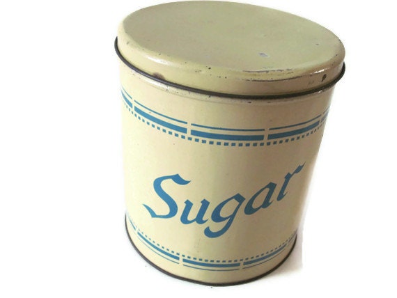 Vintage Sugar Canister, Yellow and Blue Tin