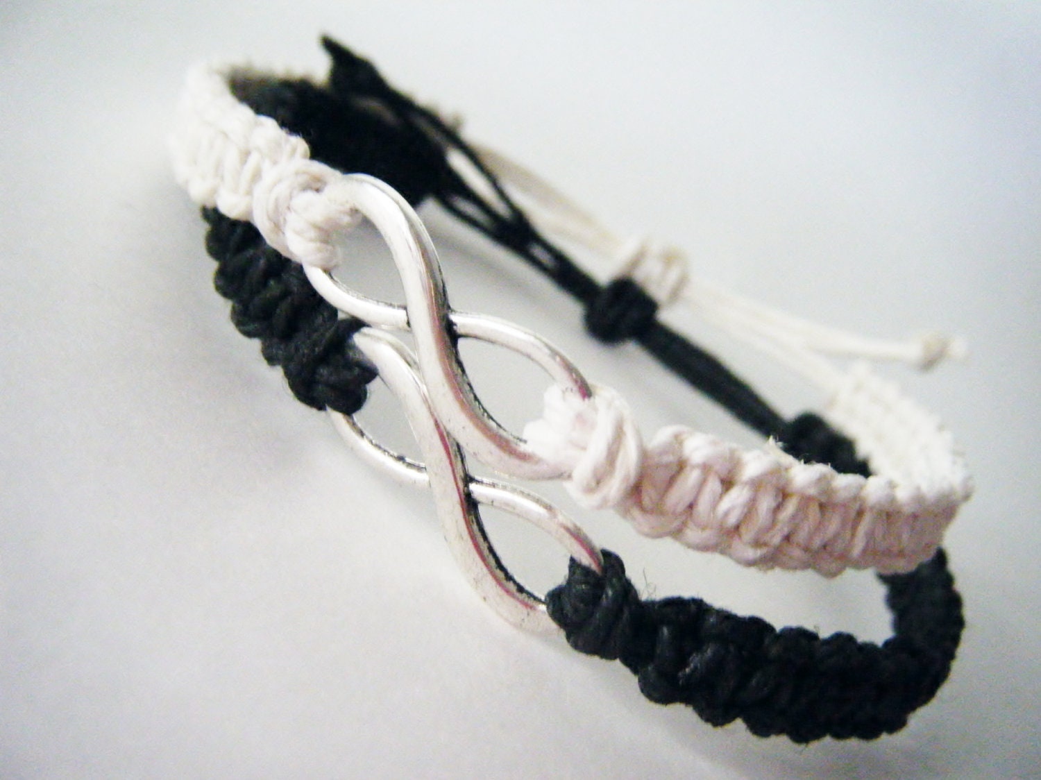 Infinity Friendship Bracelets Black White Adjustable Hemp Set of 2 MADE TO ORDER-1 Week production time