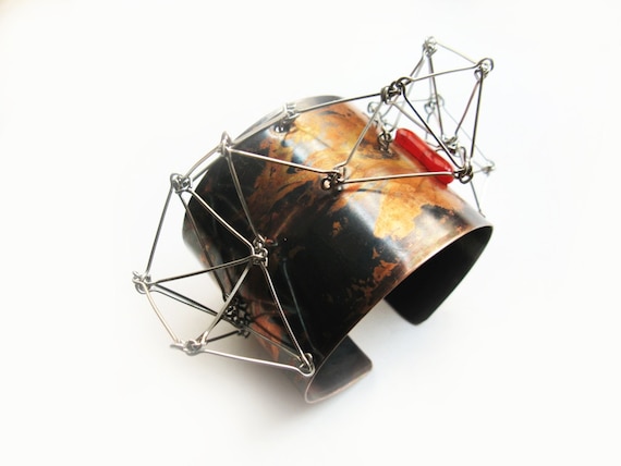 Adjustable copper cuff bangle with stainless steel Futuristika Cu