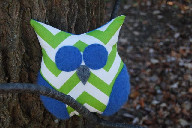 Blue Green Chevron Stuffed Owl Handmade Plush Toy / Jessica Jones Calliope Print / Kids Toy