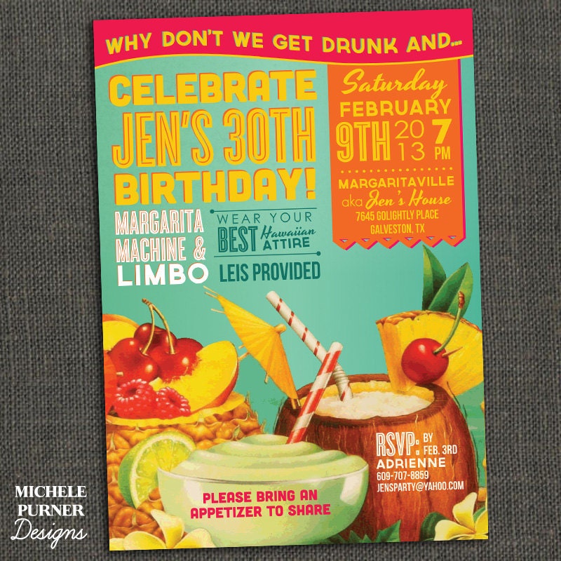 Tropical Birthday Invitation - Jimmy Buffett - Hawaiian Shirt -  Printable