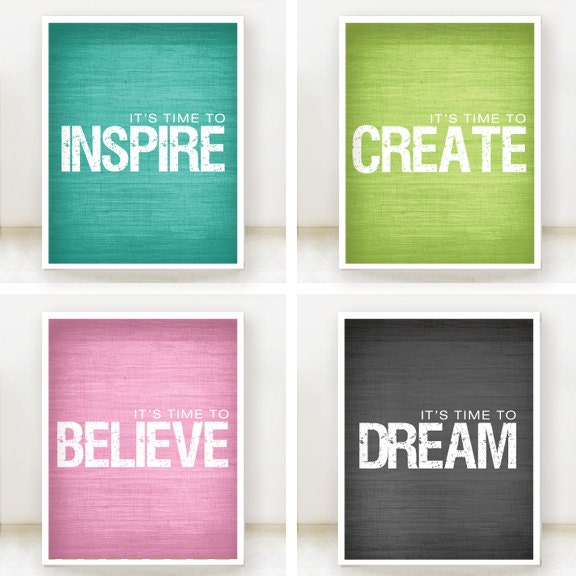Inspire, Believe, Create, Dream - Inspirational Prints - Set of 4 - 8x10 Posters - Teal, Lime Green, Grey, Pink - Customize color