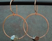 Copper hand-hammered hoop with faceted pyrite nugget earrings. Women's medium sized hoop earrings. (Sterling silver also available.)