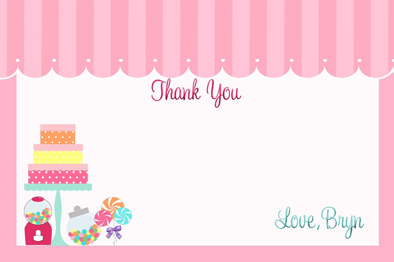 Sweet Candy Shoppe thank you card-DIY, note card, cake, gumballs, lollipops, pink